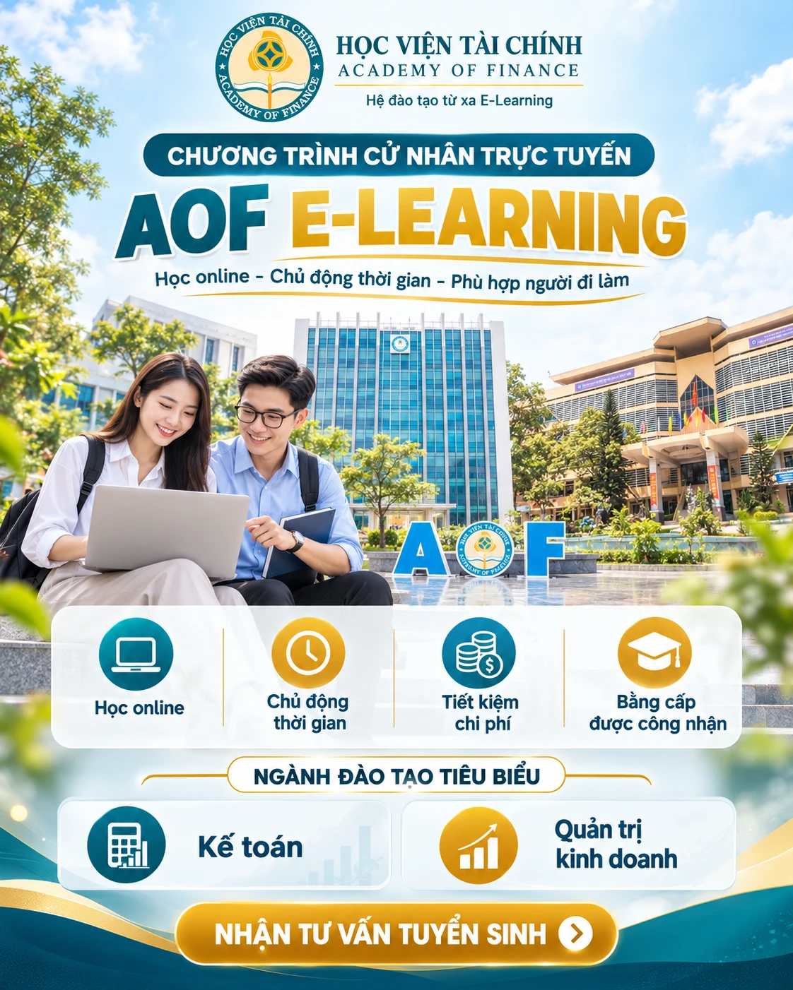 Học viện Tài chính: chương trình cử nhân trực tuyến AOF E-Learning. Học online linh hoạt, chủ động thời gian, phù hợp người đi làm.
